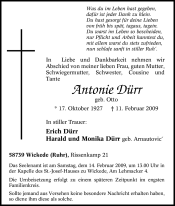Traueranzeige von Antonie Dürr von WESTFÄLISCHER ANZEIGER