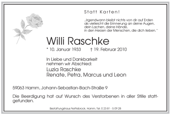 Traueranzeige von Willi Raschke von WESTFÄLISCHER ANZEIGER