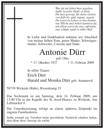 Traueranzeige von Antonie Dürr von WESTFÄLISCHER ANZEIGER