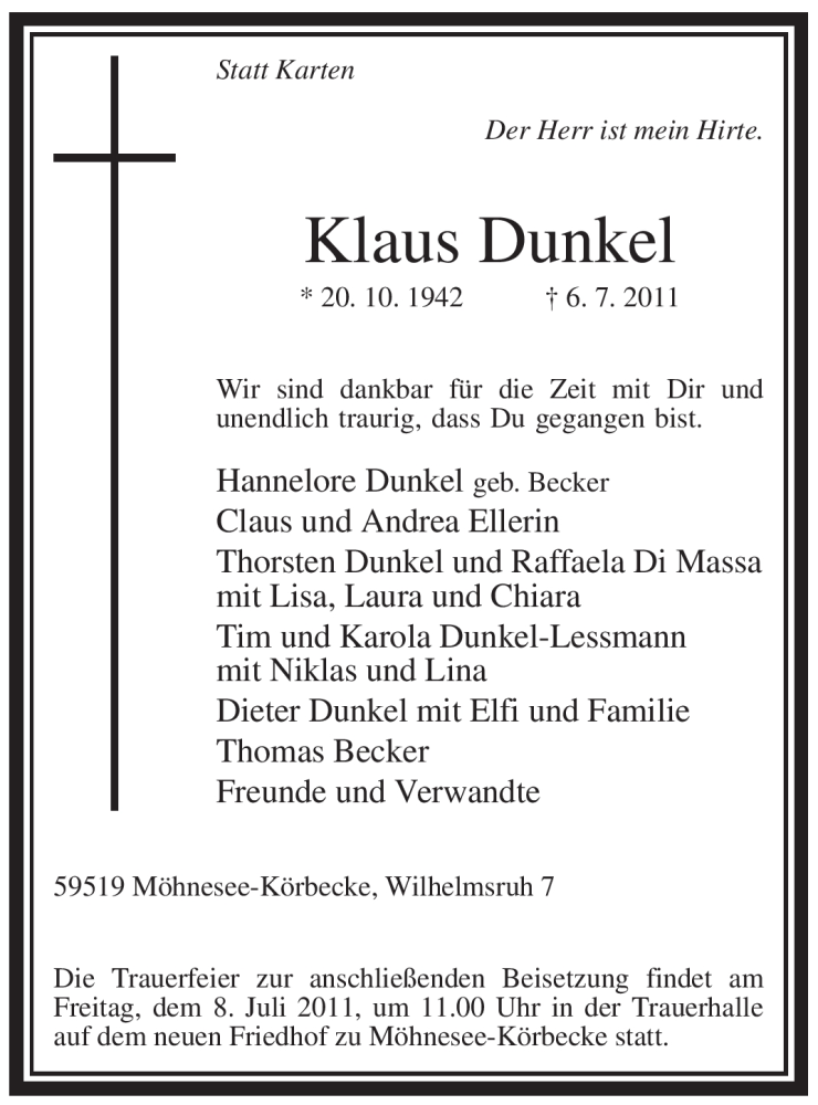  Traueranzeige für Klaus Dunkel vom 07.07.2011 aus WESTFÄLISCHER ANZEIGER