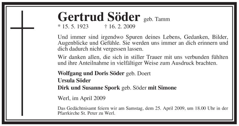  Traueranzeige für Gertrud Söder vom 21.04.2009 aus WESTFÄLISCHER ANZEIGER