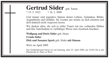 Traueranzeige von Gertrud Söder von WESTFÄLISCHER ANZEIGER