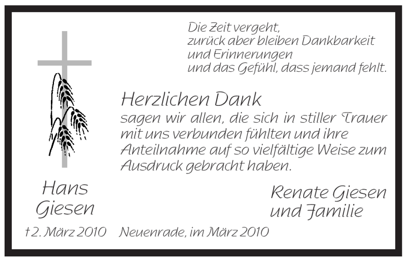  Traueranzeige für Hans Giesen vom 27.03.2010 aus WESTFÄLISCHER ANZEIGER