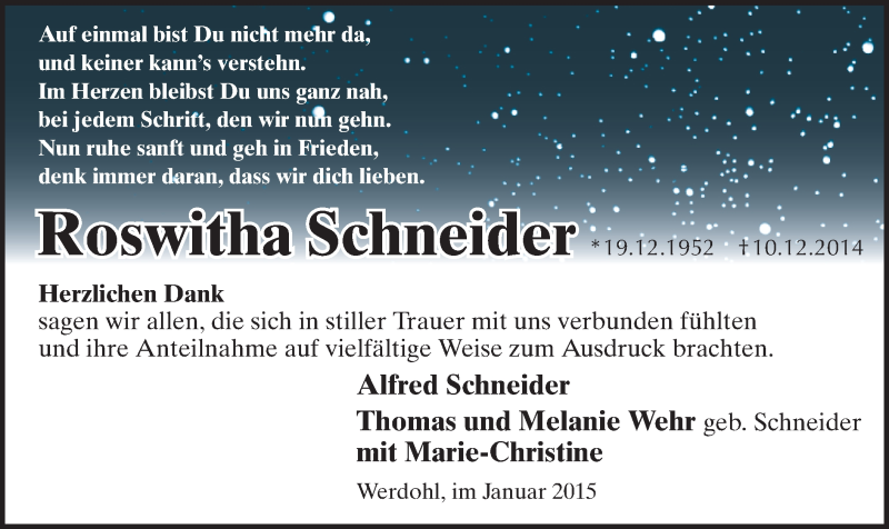  Traueranzeige für Roswitha Schneider vom 21.01.2015 aus MZV
