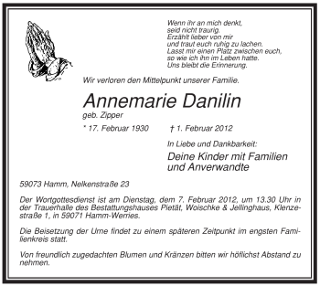 Traueranzeige von Annemarie Danilin von WESTFÄLISCHER ANZEIGER
