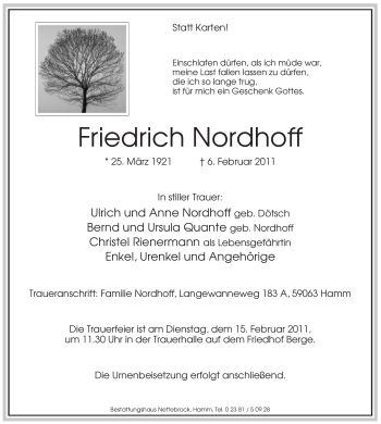 Traueranzeige von Friedrich Nordhoff von WESTFÄLISCHER ANZEIGER