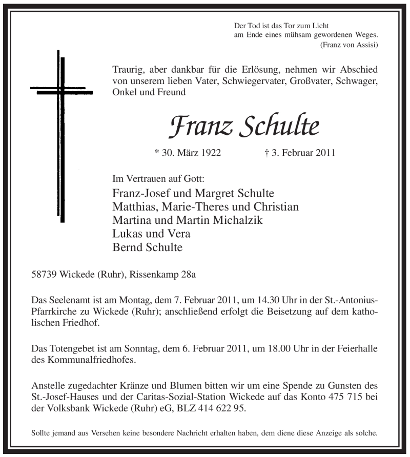  Traueranzeige für Franz Schulte vom 05.02.2011 aus WESTFÄLISCHER ANZEIGER