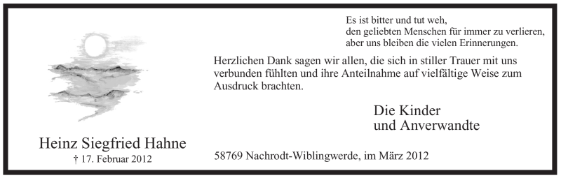  Traueranzeige für Heinz Siegfried Hahne vom 31.03.2012 aus WESTFÄLISCHER ANZEIGER