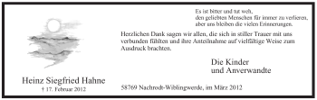Traueranzeige von Heinz Siegfried Hahne von WESTFÄLISCHER ANZEIGER