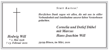 Traueranzeige von Hedwig Will von WESTFÄLISCHER ANZEIGER