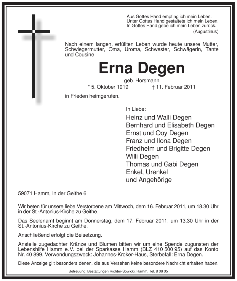  Traueranzeige für Erna Degen vom 14.02.2011 aus WESTFÄLISCHER ANZEIGER