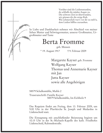 Traueranzeige von Berta Fromme von WESTFÄLISCHER ANZEIGER