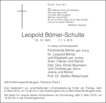 Traueranzeige von Leopold Bömer-Schulte von MZV