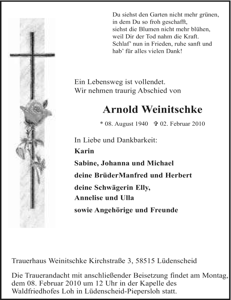  Traueranzeige für Arnold Weinitschke vom 06.02.2010 aus WESTFÄLISCHER ANZEIGER