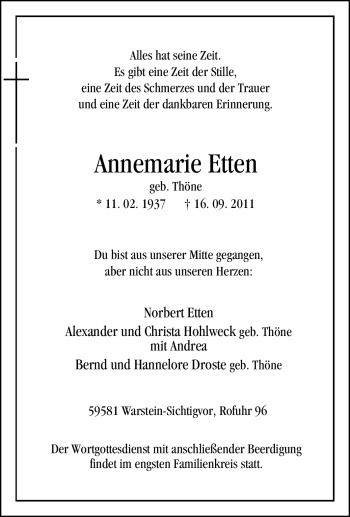 Traueranzeige von Annemarie Etten von WESTFÄLISCHER ANZEIGER