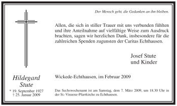 Traueranzeige von Hildegard Stute von WESTFÄLISCHER ANZEIGER