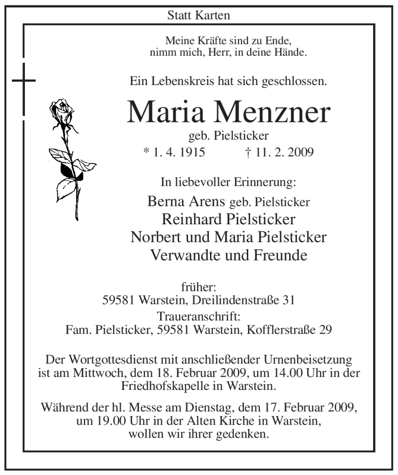  Traueranzeige für Maria Menzner vom 12.02.2009 aus WESTFÄLISCHER ANZEIGER