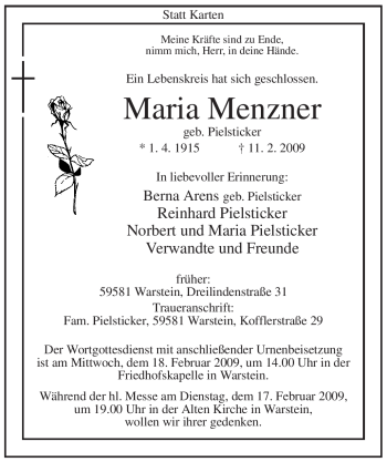 Traueranzeige von Maria Menzner von WESTFÄLISCHER ANZEIGER