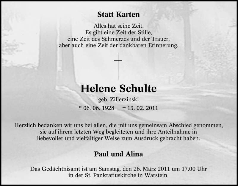  Traueranzeige für Helene Schulte vom 19.03.2011 aus WESTFÄLISCHER ANZEIGER