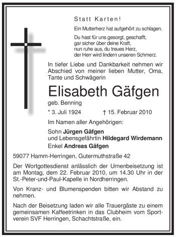 Traueranzeige von Elisabeth Gäfgen von WESTFÄLISCHER ANZEIGER