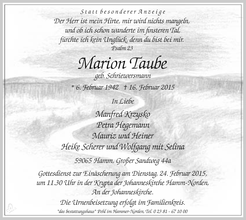  Traueranzeige für Marion Taube vom 21.02.2015 aus MZV