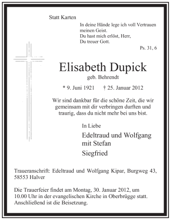 Traueranzeige von Elisabeth Dupick von WESTFÄLISCHER ANZEIGER