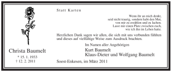 Traueranzeige von Christa Baumelt von WESTFÄLISCHER ANZEIGER