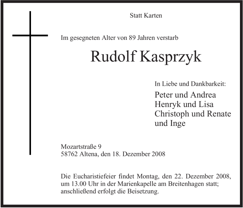  Traueranzeige für Rudolf Kasprzyk vom 19.12.2008 aus WESTFÄLISCHER ANZEIGER