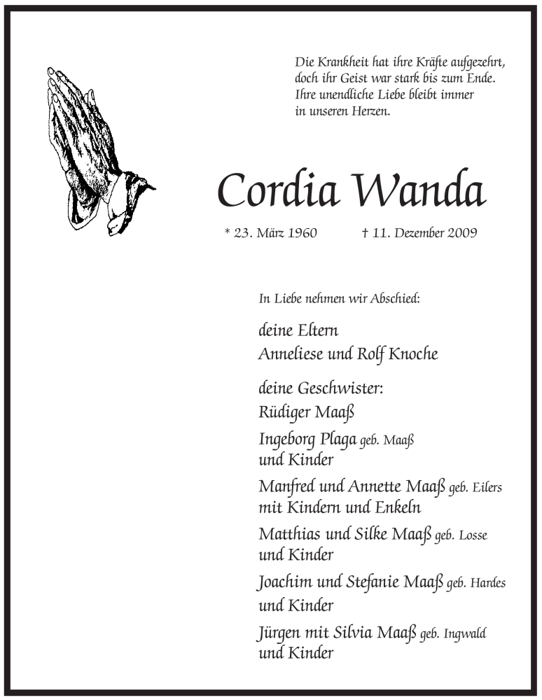  Traueranzeige für Cordia Wanda vom 15.12.2009 aus WESTFÄLISCHER ANZEIGER