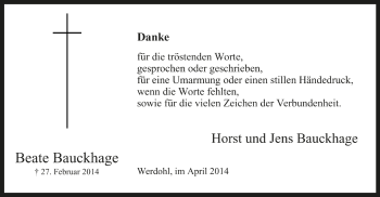 Traueranzeige von Beate Bauckhage von Westfälischer Anzeiger