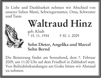 Traueranzeige von Waltraud Hinz von WESTFÄLISCHER ANZEIGER