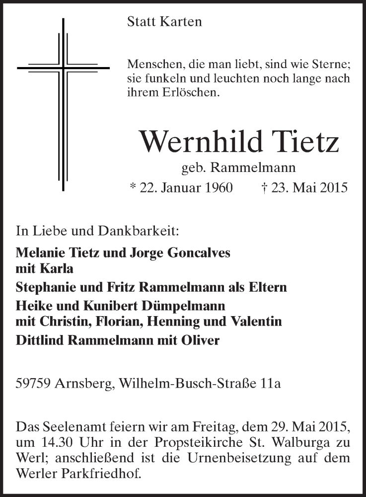  Traueranzeige für Wernhild Tietz vom 27.05.2015 aus MZV