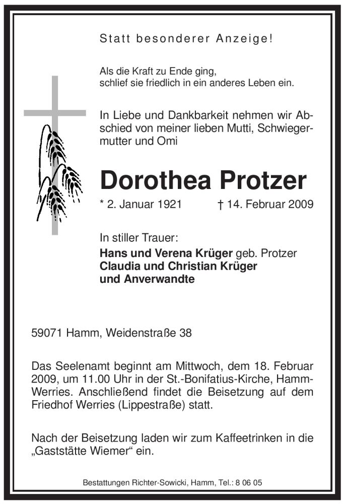  Traueranzeige für Dorothea Protzer vom 17.02.2009 aus WESTFÄLISCHER ANZEIGER