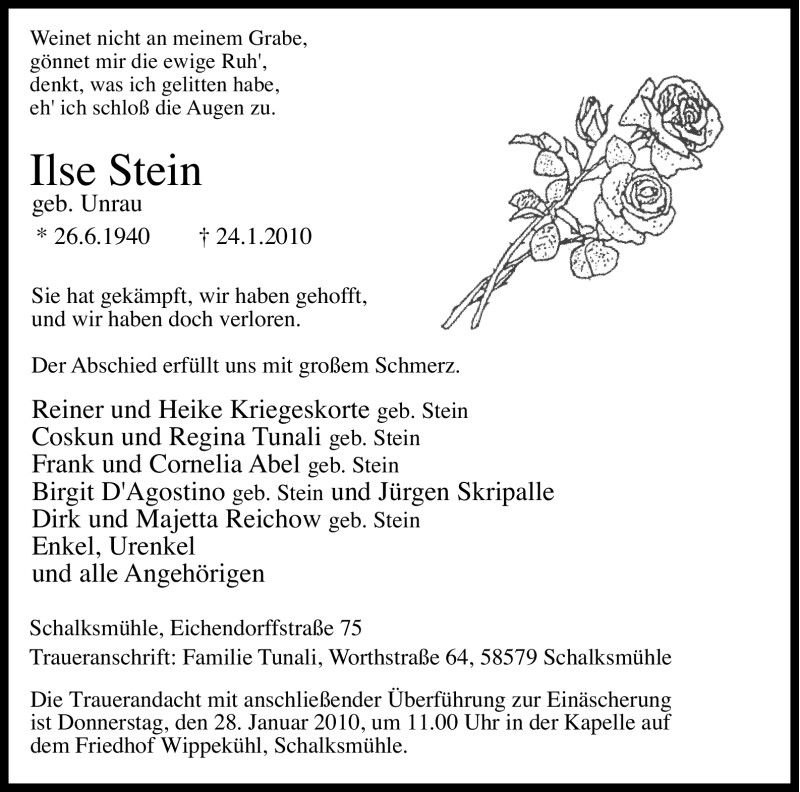  Traueranzeige für Ilse Stein vom 26.01.2010 aus WESTFÄLISCHER ANZEIGER