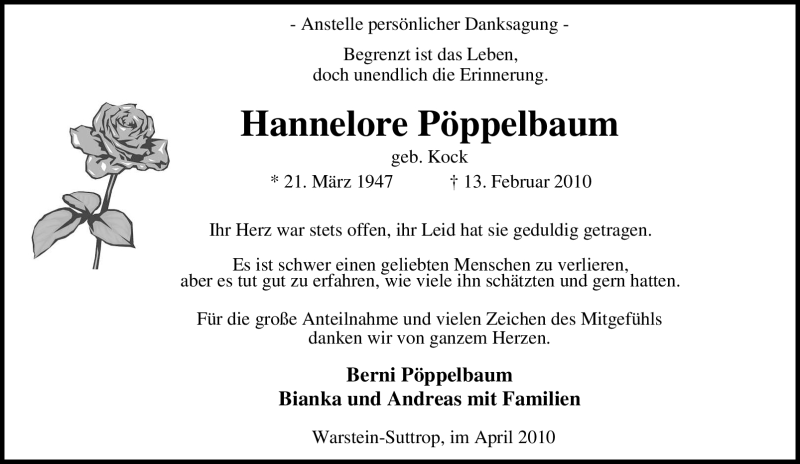  Traueranzeige für Hannelore Pöppelbaum vom 01.04.2010 aus WESTFÄLISCHER ANZEIGER