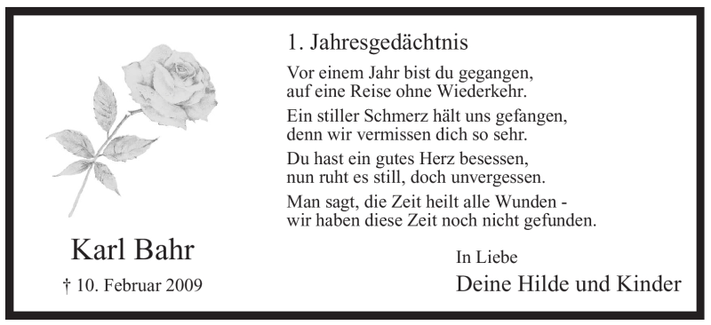  Traueranzeige für Karl Bahr vom 10.02.2010 aus WESTFÄLISCHER ANZEIGER