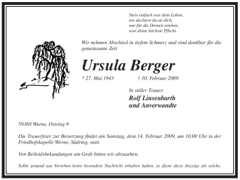 Traueranzeige von Ursula Berger von WESTFÄLISCHER ANZEIGER