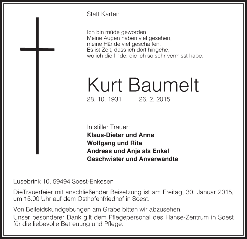  Traueranzeige für Kurt Baumelt vom 28.01.2015 aus MZV