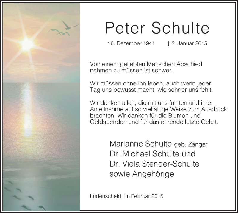  Traueranzeige für Peter Schulte vom 18.02.2015 aus MZV