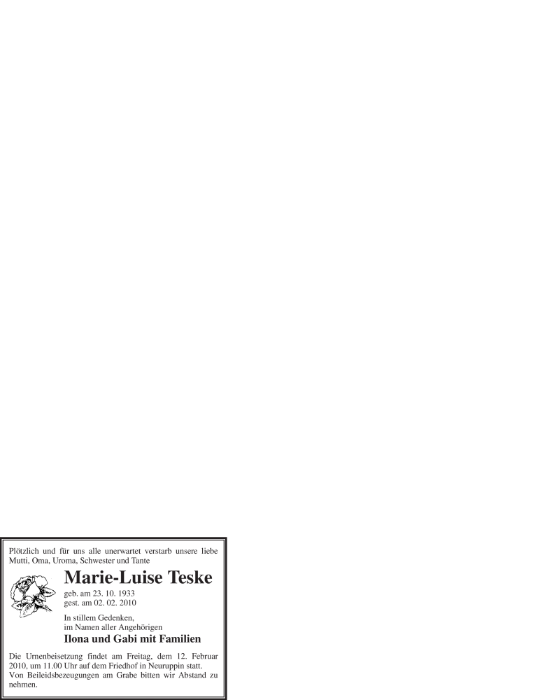  Traueranzeige für Marie-Luise Teske vom 06.02.2010 aus WESTFÄLISCHER ANZEIGER