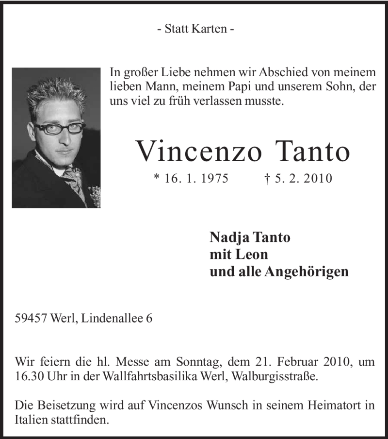  Traueranzeige für Vincenzo Tanto vom 09.02.2010 aus WESTFÄLISCHER ANZEIGER