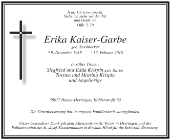 Traueranzeige von Erika Kaiser-Garbe von WESTFÄLISCHER ANZEIGER