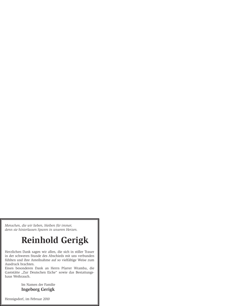  Traueranzeige für Reinhold Gerigk vom 10.02.2010 aus WESTFÄLISCHER ANZEIGER