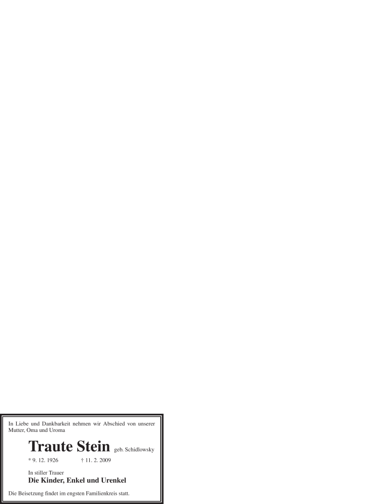  Traueranzeige für Traute Stein vom 17.02.2009 aus WESTFÄLISCHER ANZEIGER