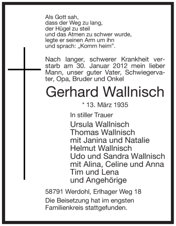 Traueranzeige von Gerhard Wallnisch von WESTFÄLISCHER ANZEIGER