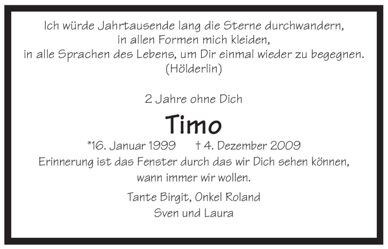  Traueranzeige für Timo  vom 03.12.2011 aus WESTFÄLISCHER ANZEIGER