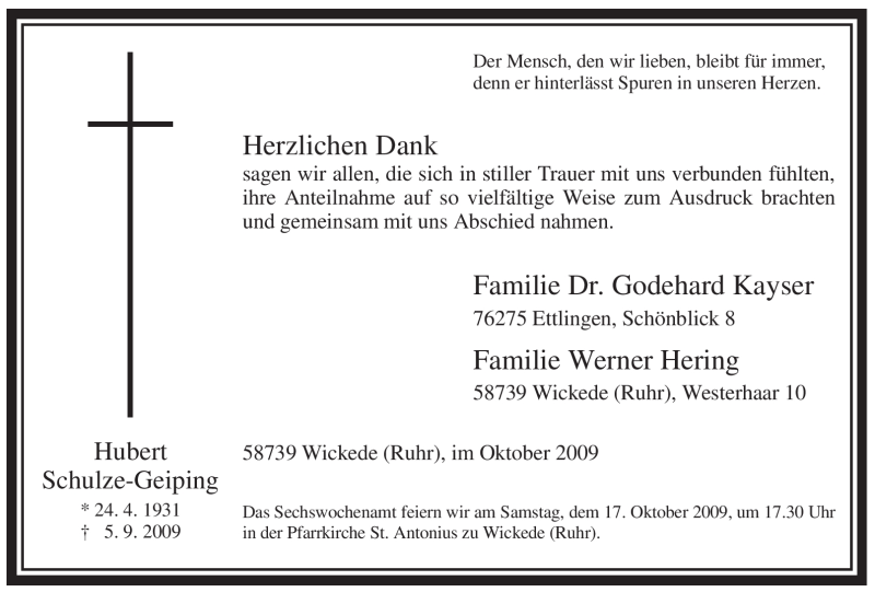  Traueranzeige für Hubert Schulze-Geiping vom 10.10.2009 aus WESTFÄLISCHER ANZEIGER