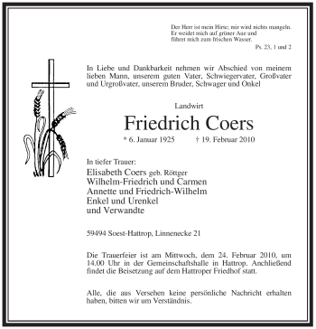 Traueranzeige von Friedrich Coers von WESTFÄLISCHER ANZEIGER