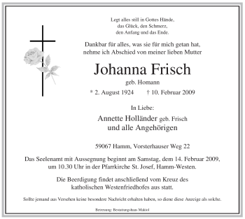 Traueranzeige von Johanna Frisch von WESTFÄLISCHER ANZEIGER