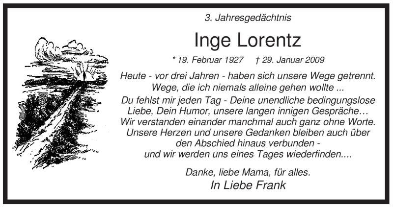  Traueranzeige für Inge Lorentz vom 30.01.2012 aus WESTFÄLISCHER ANZEIGER